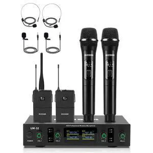 Lapel Wireless Microphone System with Headset & Lavalier Mics, 4 Channel UHF Metal Receiver with 2 Handheld Microphones & 2 Bodypacks, 300ft Range for Singing, Church, Karaoke, Wedding Lapel Wireless Microphone System with Headset & Lavalier Mics, 4 Channel UHF Metal Receiver with 2 Handheld Microphones & 2 Bodypacks, 300ft Range for Singing, Church, Karaoke, Wedding