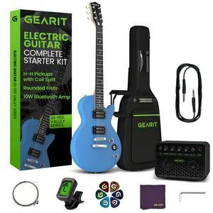 Electric Guitar 39 Full Size Beginner Electric Guitar Kit with Amp, Dual Humbucker Pickups with Coil Split, 10W Bluetooth Amplifier, Gig Bag, Tuner, Strap, Picks & Extra Strings(Blue) Electric Guitar 39 Full Size Beginner Electric Guitar Kit with Amp, Dual Humbucker Pickups with Coil Split, 10W Bluetooth Amplifier, Gig Bag, Tuner, Strap, Picks & Extra Strings(Blue)