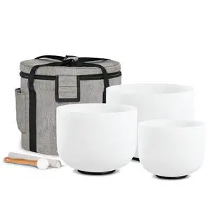 CRYSTAL SINGING BOWLS SET of 3 440HZ 6" A 8" F and 10" C | Frosted White Quartz Chakra Bowls Set of 3 with Carry Case Bag for Sound Healing Meditation & Yoga CRYSTAL SINGING BOWLS SET of 3 440HZ 6" A 8" F and 10" C | Frosted White Quartz Chakra Bowls Set of 3 with Carry Case Bag for Sound Healing Meditation & Yoga