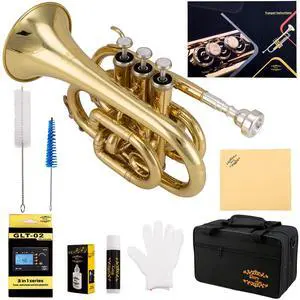 Bb Pocket Trumpet with Case, Cleaning Cloth, Gloves, Gold Lacquer (LAQUER) Bb Pocket Trumpet with Case, Cleaning Cloth, Gloves, Gold Lacquer (LAQUER)