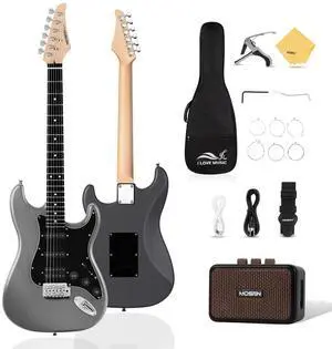 MOSEN 39" Electric Guitar Kit, HSS,Tremolo, Complete Beginner Set w/ 5W Amp | Grey&Black, C-Shaped Satin Neck, Incl. Gig Bag, Tuner, Strings, Capo, Strap, Cable. for Learners, Home, Practice, Stage, G MOSEN 39" Electric Guitar Kit, HSS,Tremolo, Complete Beginner Set w/ 5W Amp | Grey&Black, C-Shaped Satin Neck, Incl. Gig Bag, Tuner, Strings, Capo, Strap, Cable. for Learners, Home, Practice, Stage, G