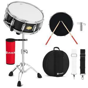 Snare Drum Kit with Remo Head 14" x 5.5" Student Marching School Band Beginner Practice Snare Drum with Stand, Drumstick Holder, Padded Gig Bag, Mute Pad, Neck Strap, and 5A Drum Sticks, Black Snare Drum Kit with Remo Head 14" x 5.5" Student Marching School Band Beginner Practice Snare Drum with Stand, Drumstick Holder, Padded Gig Bag, Mute Pad, Neck Strap, and 5A Drum Sticks, Black