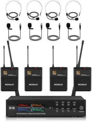 Lapel Wireless Microphone System with Headset & Lavalier Mics, Pro 4 Channel UHF Mics Set with Bodypack Transmitter & Metal Receiver, 200 Adjustable Frequency, 300ft Range for Church, Party Lapel Wireless Microphone System with Headset & Lavalier Mics, Pro 4 Channel UHF Mics Set with Bodypack Transmitter & Metal Receiver, 200 Adjustable Frequency, 300ft Range for Church, Party