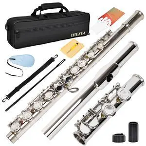 Professional Silver Plated C Flute for Beginners and All Levels, 16 Key Closed Hole with Ergonomic Design, Includes Carrying Case, Gloves, Cleaning Cloth, Tuning Rod Professional Silver Plated C Flute for Beginners and All Levels, 16 Key Closed Hole with Ergonomic Design, Includes Carrying Case, Gloves, Cleaning Cloth, Tuning Rod