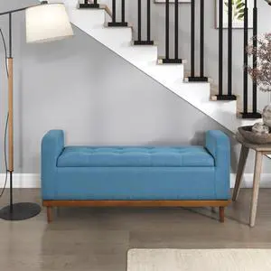 Mid-Century Modern Lift Top Storage Bench 1pc Tufted Blue Upholstered Solid Wood Walnut Finish Wooden Furniture Mid-Century Modern Lift Top Storage Bench 1pc Tufted Blue Upholstered Solid Wood Walnut Finish Wooden Furniture
