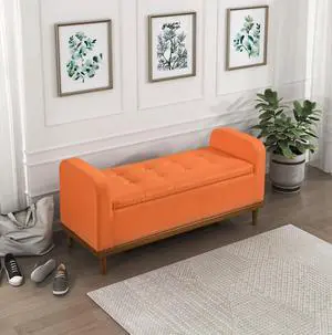 Mid-Century Modern Lift Top Storage Bench 1pc Tufted Orange Upholstered Solid Wood Walnut Finish Wooden Furniture Mid-Century Modern Lift Top Storage Bench 1pc Tufted Orange Upholstered Solid Wood Walnut Finish Wooden Furniture