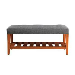 Fabric Upholstered Bench with Open Storage, Gray and Oak Fabric Upholstered Bench with Open Storage, Gray and Oak