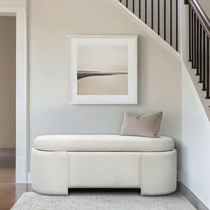 Fully Upholstered Oval Storage Bench with Soft-Close Lid, Ivory Fully Upholstered Oval Storage Bench with Soft-Close Lid, Ivory