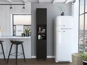 Hobart Pantry, Four Legs, Three Interior Shelves, Two Shelves, Two Cabinets -Black Hobart Pantry, Four Legs, Three Interior Shelves, Two Shelves, Two Cabinets -Black