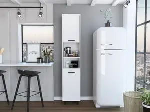 Hobart Pantry, Four Legs, Three Interior Shelves, Two Shelves, Two Cabinets -White Hobart Pantry, Four Legs, Three Interior Shelves, Two Shelves, Two Cabinets -White