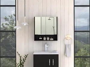 Jaspe Mirror Cabinet, Three Internal Shelves, One Open Shelf, Double Door Cabinet -Black Jaspe Mirror Cabinet, Three Internal Shelves, One Open Shelf, Double Door Cabinet -Black