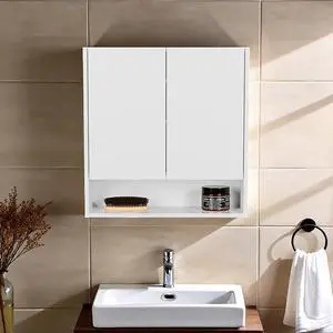 Double-Door Medicine Cabinet With Mirrored Doors And Interior Shelves Double-Door Medicine Cabinet With Mirrored Doors And Interior Shelves