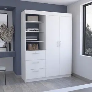 Kenya 3 Drawers Armoire, Double Door, 3-Tier Shelf -White Kenya 3 Drawers Armoire, Double Door, 3-Tier Shelf -White