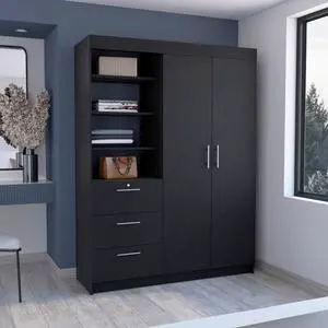 Kenya 3 Drawers Armoire, Double Door, 3-Tier Shelf -Black Kenya 3 Drawers Armoire, Double Door, 3-Tier Shelf -Black
