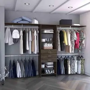 Plego 69"W - 118"W Drawers Closet System, Five Shelves, Four Hanging Rods, Three Drawers -Dark Walnut Plego 69"W - 118"W Drawers Closet System, Five Shelves, Four Hanging Rods, Three Drawers -Dark Walnut