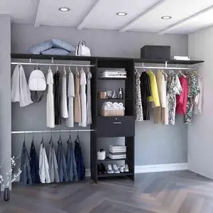 Plego 70"W - 118"W Drawers Closet System, One Drawer,Three Hanging Rods, Five Shelves -Black Plego 70"W - 118"W Drawers Closet System, One Drawer,Three Hanging Rods, Five Shelves -Black