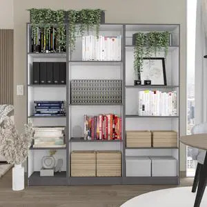 Dupree 3 Piece Home Bookcase set, 67" Wide with 14 Shelves , Living Room Set Set Mat Gray - White Dupree 3 Piece Home Bookcase set, 67" Wide with 14 Shelves , Living Room Set Set Mat Gray - White