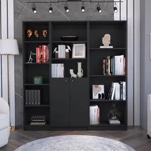 Poole 3 Piece Home Bookcase set, 67" Wide with 12 Shelves and Two-Door Cabinet , Living Room Set Set Black Poole 3 Piece Home Bookcase set, 67" Wide with 12 Shelves and Two-Door Cabinet , Living Room Set Set Black