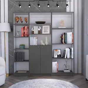Poole 3 Piece Home Bookcase set, 67" Wide with 12 Shelves and 2-door Cabinet , Living Room Set Matt Gray / White Poole 3 Piece Home Bookcase set, 67" Wide with 12 Shelves and 2-door Cabinet , Living Room Set Matt Gray / White
