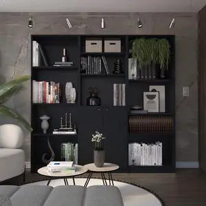 Aynor 3 Piece Home Bookcase set, 74" Wide with 12 Shelves and Two-Door Cabinet , Living Room Set Set Black Aynor 3 Piece Home Bookcase set, 74" Wide with 12 Shelves and Two-Door Cabinet , Living Room Set Set Black