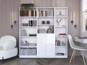 Poston 3 Piece Home Bookcase set, 67" Wide with 13 Shelves and 2-door Cabinet , Living Room Set White Poston 3 Piece Home Bookcase set, 67" Wide with 13 Shelves and 2-door Cabinet , Living Room Set White