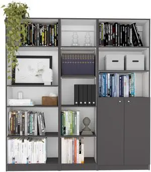 Poston 3 Piece Home Bookcase set, 67" Wide with 13 Shelves and 2-door Cabinet , Living Room Set Matt Gray / White Poston 3 Piece Home Bookcase set, 67" Wide with 13 Shelves and 2-door Cabinet , Living Room Set Matt Gray / White