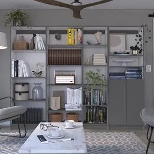 Dupree 4 Piece Home Bookcase set, 91" Wide with 17 Shelves And a Double-Door Cabinet , Living Room Set Matt Gray / White Dupree 4 Piece Home Bookcase set, 91" Wide with 17 Shelves And a Double-Door Cabinet , Living Room Set Matt Gray / White