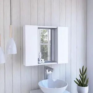 Medicine Cabinet Hops, Double Door, Mirror, One External Shelf, White Finish Medicine Cabinet Hops, Double Door, Mirror, One External Shelf, White Finish