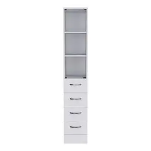 Linen Cabinet 68" H, Three Shelves, Four Drawers and Metal handles, White Linen Cabinet 68" H, Three Shelves, Four Drawers and Metal handles, White