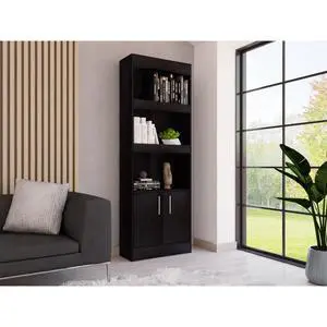 Bookcase, Three Shelves, Double Door Cabinet, Metal Hardware, Black Bookcase, Three Shelves, Double Door Cabinet, Metal Hardware, Black