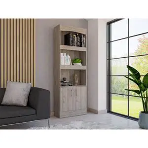Bookcase, Three Shelves, Double Door Cabinet, Metal Hardware, Light Gray Bookcase, Three Shelves, Double Door Cabinet, Metal Hardware, Light Gray