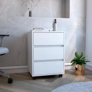 Filing Cabinet, Four Casters, Three Drawers, Top Surface, White Filing Cabinet, Four Casters, Three Drawers, Top Surface, White
