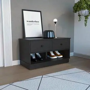 Uranus Storage Bench, Two Drawers, Two Open Shelves, Black Uranus Storage Bench, Two Drawers, Two Open Shelves, Black