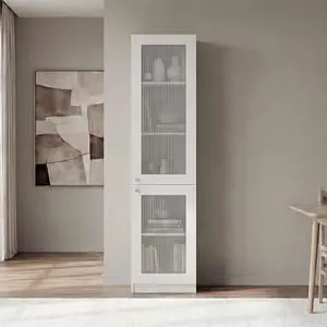 Tall Bookcase 71" H with 2 Fluted Panel Doors and Five Interior Shelves, White Tall Bookcase 71" H with 2 Fluted Panel Doors and Five Interior Shelves, White
