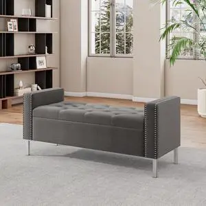 Square Arm Tufted Top Storage Bench Ottoman with Pewter Nailhead Trim in Plush Velvet in Charcoal Gray Square Arm Tufted Top Storage Bench Ottoman with Pewter Nailhead Trim in Plush Velvet in Charcoal Gray