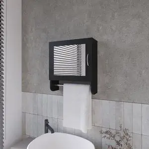 Pine Medicine Cabinet in Melamine With a Towel Bar And Included Mirror, Black Pine Medicine Cabinet in Melamine With a Towel Bar And Included Mirror, Black