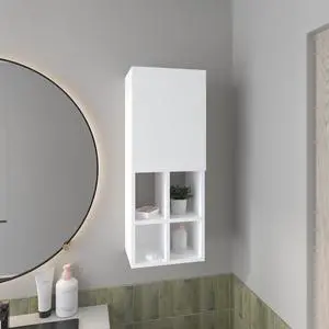 Wall-Mounted Bathroom Cabinet with Door and 4 Open Shelves, White Finish. Wall-Mounted Bathroom Cabinet with Door and 4 Open Shelves, White Finish.