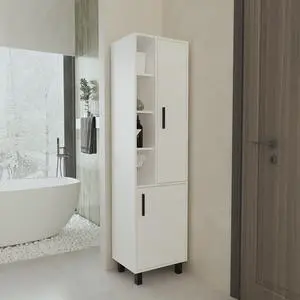 FM FURNITURE Pinal Linen Cabinet with Open Storage and 2 Doors, White FM FURNITURE Pinal Linen Cabinet with Open Storage and 2 Doors, White