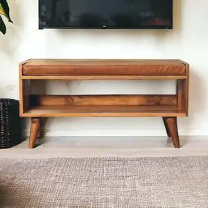 Solid Wood Bench with Leather Upholstered Seat pad, Open Storage, Oak-ish, Tan and Brown Solid Wood Bench with Leather Upholstered Seat pad, Open Storage, Oak-ish, Tan and Brown