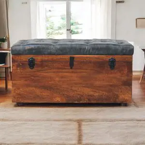 Solid Wood Black Buffalo Hide Leather Upholstered Storage Trunk Solid Wood Black Buffalo Hide Leather Upholstered Storage Trunk
