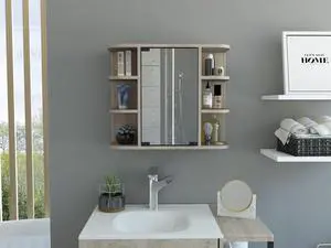 Milan Medicine Cabinet, Six External Shelves Mirror, Three Internal Shelves -Light Gray Milan Medicine Cabinet, Six External Shelves Mirror, Three Internal Shelves -Light Gray