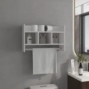 Bathroom Wall Shelf with Towel Bar, Compact Storage With A Wide Upper Shelf, Three Comapct Middle Shelves and Towel Holder for Bathroom Organizer, White Bathroom Wall Shelf with Towel Bar, Compact Storage With A Wide Upper Shelf, Three Comapct Middle Shelves and Towel Holder for Bathroom Organizer, White