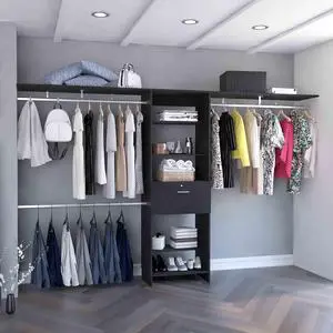 Plego 70"W - 118"W Drawers Closet System, One Drawer,Three Hanging Rods, Five Shelves -Black Plego 70"W - 118"W Drawers Closet System, One Drawer,Three Hanging Rods, Five Shelves -Black