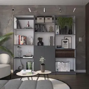 Aynor 3 Piece Home Bookcase set, 74" Wide with 12 Shelves and 2-door Cabinet , Living Room Set Matt Gray / White Aynor 3 Piece Home Bookcase set, 74" Wide with 12 Shelves and 2-door Cabinet , Living Room Set Matt Gray / White