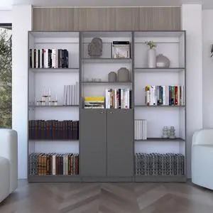 Duette 3 Piece Home Bookcase set, 74" Wide with 11 Shelves and 2-door Cabinet , Living Room Set Matt Gray / White Duette 3 Piece Home Bookcase set, 74" Wide with 11 Shelves and 2-door Cabinet , Living Room Set Matt Gray / White