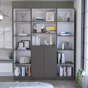June 3 Piece Home Bookcase set, 60" Wide with 13 Shelves and 2-door Cabinet , Living Room Set Matt Gray / White June 3 Piece Home Bookcase set, 60" Wide with 13 Shelves and 2-door Cabinet , Living Room Set Matt Gray / White