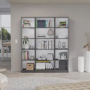 Bartow 3 Piece Home Bookcase set, 60" Wide with 15 Shelves , Living Room Set Set Matt Gray - White Bartow 3 Piece Home Bookcase set, 60" Wide with 15 Shelves , Living Room Set Set Matt Gray - White