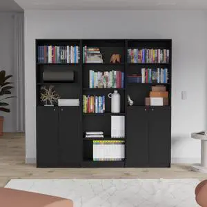 Arbor 3 Piece Home Bookcase set, 74" Wide with 11 Shelves and Two Double-Door Cabinet , Living Room Set Set Black Arbor 3 Piece Home Bookcase set, 74" Wide with 11 Shelves and Two Double-Door Cabinet , Living Room Set Set Black