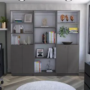 Hialeah 3 Piece Home Bookcase set, 74" Wide with 10 Shelves and Two Double-Door Cabinet , Living Room Set Matt Gray / White Hialeah 3 Piece Home Bookcase set, 74" Wide with 10 Shelves and Two Double-Door Cabinet , Living Room Set Matt Gray / White