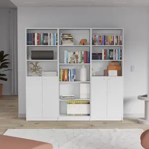 Arbor 3 Piece Home Bookcase set, 74" Wide with 11 Shelves and Two Double-Door Cabinet , Living Room Set White Arbor 3 Piece Home Bookcase set, 74" Wide with 11 Shelves and Two Double-Door Cabinet , Living Room Set White